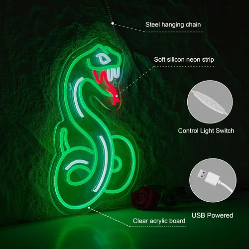 Miniatura 4 de Letrero de neón de serpiente para decoración de pared, letrero de serpiente pitón con luz LED de neón regulable. verde+blanco+rojo