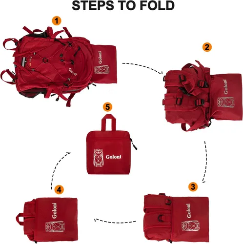 Miniatura 5 de Mochila de senderismo de 45 L con cubierta para lluvia, mochila de campamento plegable ligera para senderismo, resistente al agua con poste de Rojo
