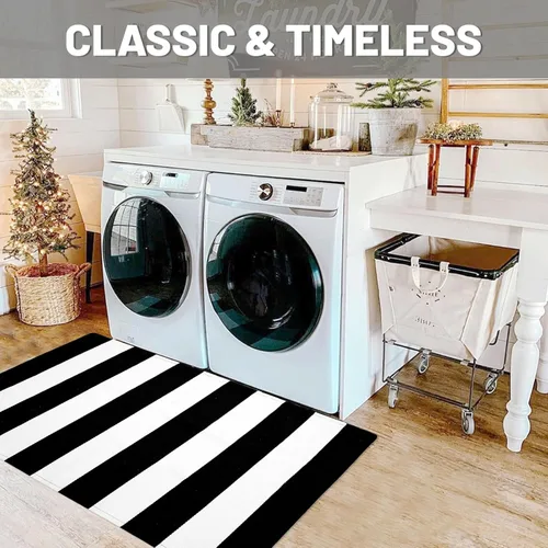 Miniatura 4 de IOHOUZE - Tapete a rayas negro y blanco de 27.5 x 43 pulgadas para puerta principal, lavable, para porche delantero, tapete de bienvenida
