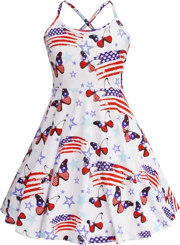 Vestido de verano para niñas con tirantes delgados, vestido patriótico 4 de julio con la bandera americana