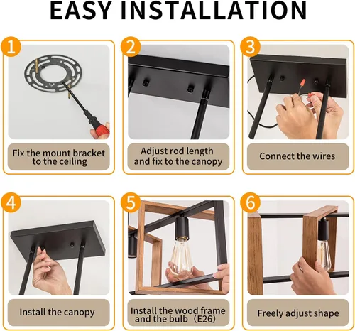 Miniatura 9 de Lámpara colgante de comedor de granja, para isla de cocina, rústica, 4 luces, madera y metal negro, lámpara rectangular para colgar en el techo