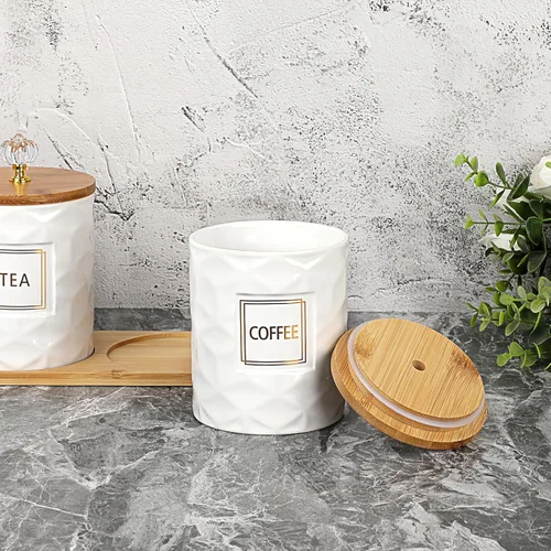 Miniatura 6 de JUXYES Juego de 3 Botes de Cerámica para Azúcar, Café, Té con Bandeja con Asa, Lujosos Juegos de Contenedores de Almacenamiento con Tapas, Frascos
