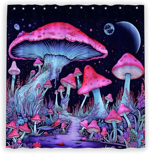 Miniatura 3 de Cortina de ducha de hongos de fantasía, hongos abstractos de ensueño, espacio exterior morado, arbustos altos, luna llena, cielo estrellado, planeta