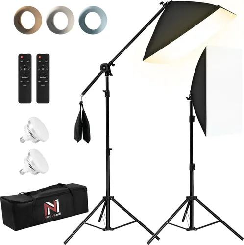NiceVeedi Iluminación de fotografía de 85 W, paquete de 2 kits de iluminación softbox profesional de 20 x 28 pulgadas con brazo de pluma de 42