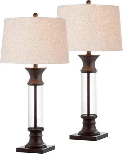 JONATHAN Y Juego de 2 lámparas de mesa de bronce y cristal transparente de 32 pulgadas para sala de estar, lámparas rústicas de mesita de noche con