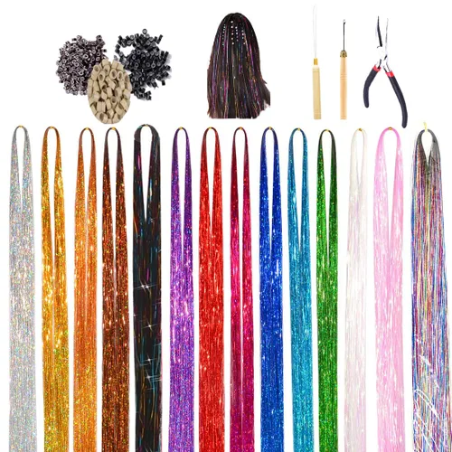 Kit de oropel para el cabello, 16 colores, 47 pulgadas, con purpurina, resistente al calor, extensiones de cabello de oropel con cuentas de cabello,