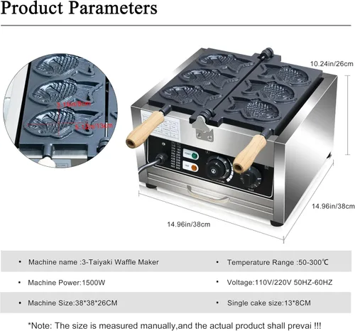 Miniatura 2 de Taiyaki - Máquina para hacer gofres de pescado, 3 unidades antiadherentes para hacer gofres eléctricos Taiyaki Baker con forma de pez, acero
