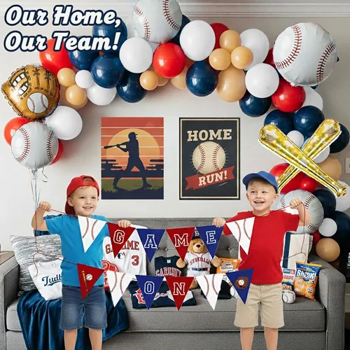 Miniatura 5 de Decoraciones de fiesta de cumpleaños de béisbol y con arco de globos rojo, blanco, azul marino y nude, guantes de bate de béisbol, globos de papel