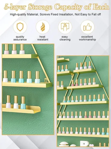 Miniatura 5 de Lorvain - 10 estantes de almacenamiento de esmalte de uñas de metal para montaje en pared, 5 niveles, color dorado, triangular, vitrinas