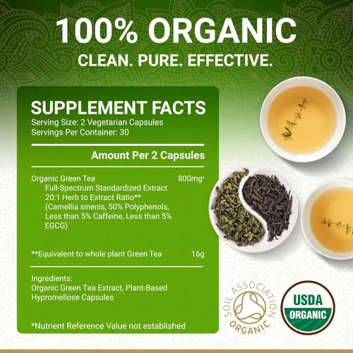 Miniatura 6 de Cápsulas de extracto de té verde orgánico - Certificado orgánico USDA 60 cápsulas de té verde Pastillas de té verde Extracto de té verde EGCG