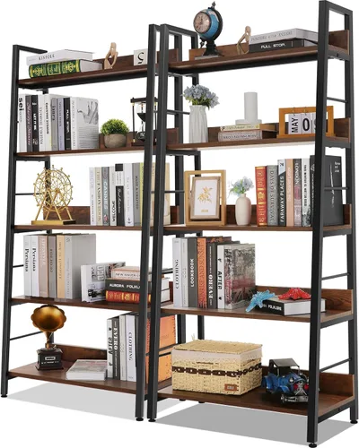 Miniatura 16 de Himimi Estantería de escalera industrial, estantería rústica de 5 niveles, estantería de escalera de metal de madera, soporte de flores para Nogal