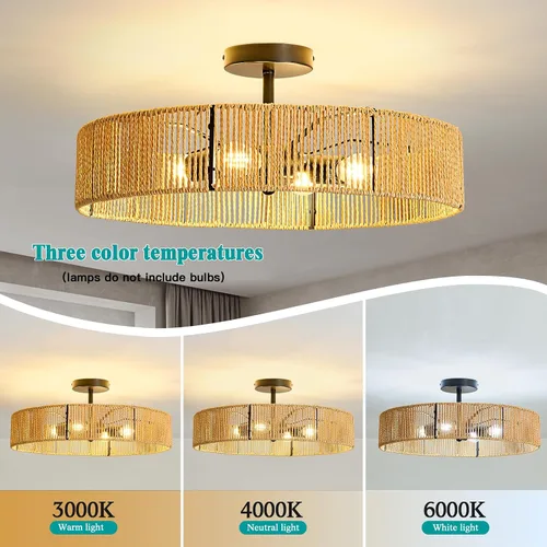 Miniatura 4 de hesoge Lámpara de techo de ratán estilo bohemio, rústico, color negro, semiempotrada, de 20 pulgadas, 4 luces, para casa de campo, pasillo