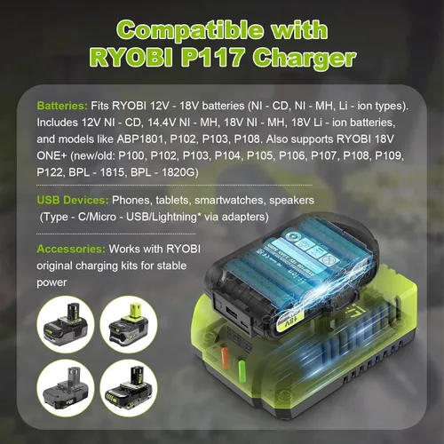 Miniatura 6 de Cargador rápido P117 de repuesto para cargador de batería Ryobi de 18 V, compatible con Ryobi 12V-18V ONE+ Litio, NiCad, NiMh y herramientas