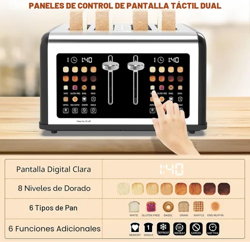 Miniatura 3 de Tostadora de 4 rebanadas con pantalla táctil, tostadoras de acero inoxidable con temporizador digital, tostadoras de panel de control dual, 8