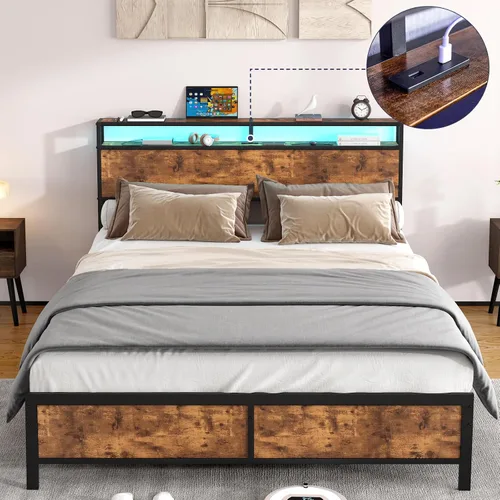 Miniatura 4 de Base de cama Queen con luces LED, cabecera de almacenamiento industrial con estación de carga y puerto USB, marco de cama industrial moderno