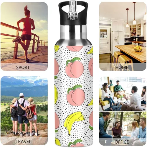 Miniatura 5 de Peaches Bananas Polka Dot Insulated Stainless Steel Water Bottle with Straw 20 Oz, BPA-Free Sports Water Bottle Leakproof Water Bottles