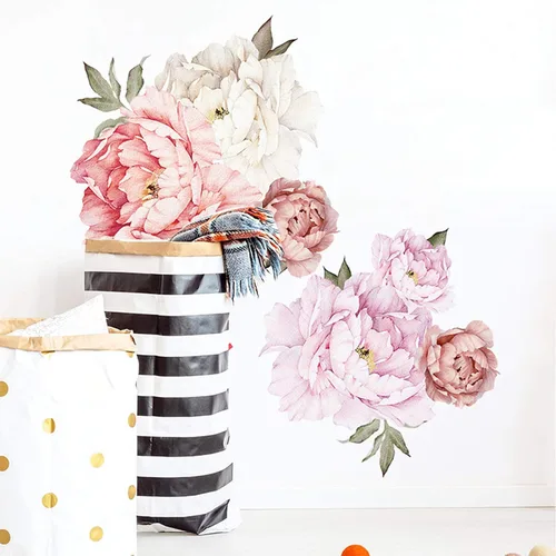 Miniatura 4 de Calcomanías de pared de flores de peonías, acuarela, elegantes calcomanías de pared florales para habitación de niñas, flores de peonía, carteles