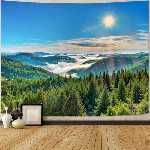 Miniatura 3 de Zussun Tapiz de Bosque Natural de Montaña Tapiz Verde de Pino Luz Solar Selva para Dormitorio Estético Planta Paisaje de Montaña Tapices Pequeños