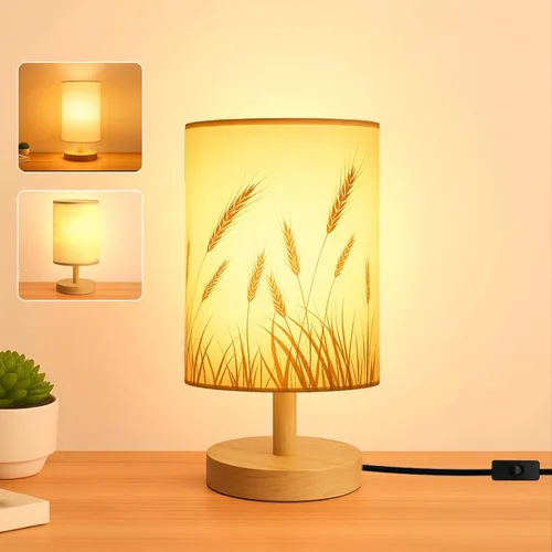 Miniatura 11 de Lámpara de escritorio con bombilla LED incluida, pequeña lámpara de mesita de noche enchufable, base de madera clásica con pantalla de tela de lino