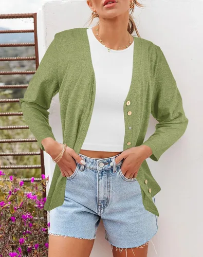 Miniatura 2 de Dailiup Camisetas de manga 34 con cuello en V para mujer, cárdigan con botones, estilo casual, color liso, camisetas básicas, blusas