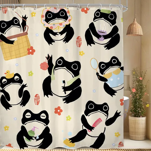 Miniatura 16 de Juego Divertido de Cortina de Rana Retro para Ducha, Juego de Baño 48x71 Pulgadas, Estilo Asiático Lindo, Arte Japonés Tradicional de Pato de Goma