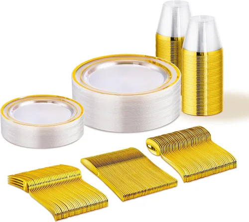 Miniatura 19 de WELLIFE Juego de vajilla desechable de 600 piezas color dorado y blanco para 100 invitados, platos de plástico blanco con borde dorado, platos