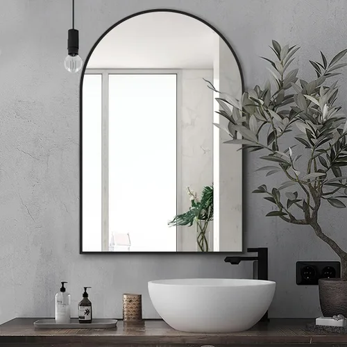 Espejo de pared arqueado decorativo para colgar, espejo de tocador, marco de aleación de aluminio cepillado para baño, dormitorio, sala de estar,