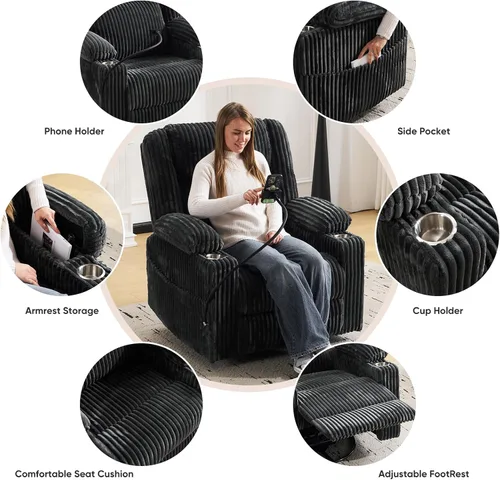 Miniatura 4 de Silla reclinable eléctrica de gran tamaño con masaje y calor, silla reclinable giratoria para adultos con almacenamiento de brazos, sillón Gris