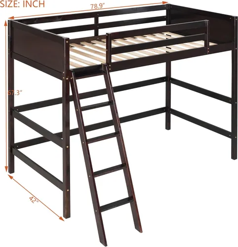 Miniatura 2 de Twin Size Solid Wood Loft Bed with Full-Length Safety Guardrails and Slanted Ladder,Modern Loft Bed Frame with Sturdy Slat Support and Under-Bed