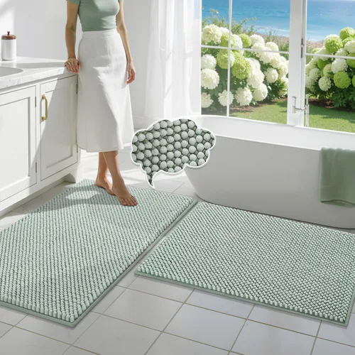 Miniatura 19 de BSICPRO Juego de alfombras de baño 2 piezas - Tapetes de baño de chenilla antideslizantes - Gruesa y suave alfombra absorbente de salvia para baño