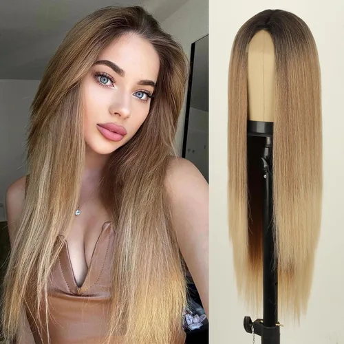 Miniatura 10 de Xinran Pelucas rubias degradadas para mujer, peluca larga y lacia marrón rubia, mezcla de área pequeña, encaje frontal, reemplazo de línea capilar