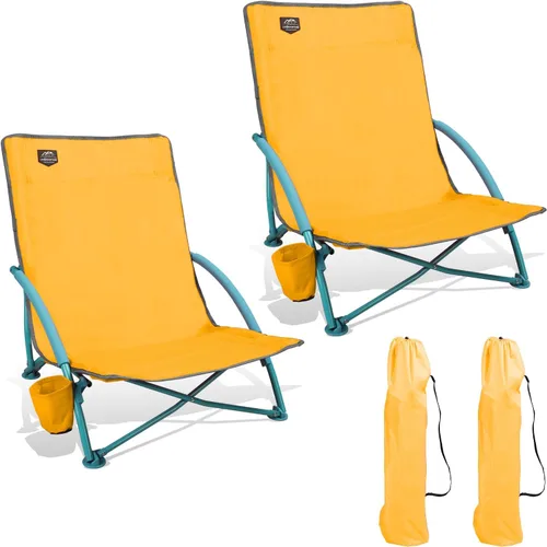 Miniatura 8 de Paquete de 2 sillas bajas de playa, sillas reclinables plegables para adultos, sillas de camping ligeras de asiento bajo con soporte para tazas, Azul