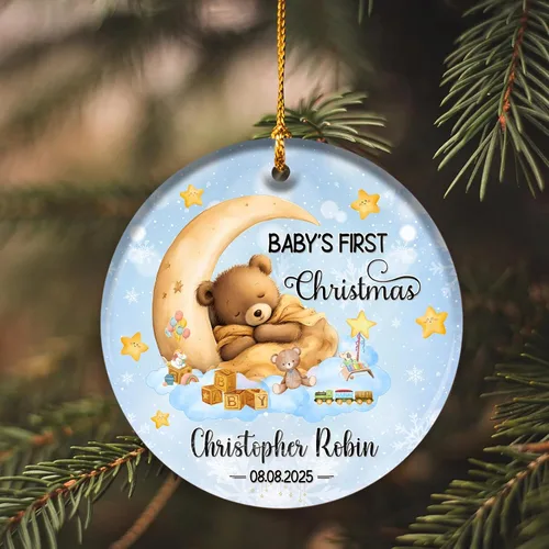 Miniatura 6 de Adorno personalizado para la primera Navidad del bebé 2025 con nombre personalizado, lindo oso en la luna, adornos redondos, regalo de primer