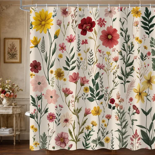 Cortina de ducha con diseño floral bohemio, flores silvestres, flores beige, juego de cortinas de ducha para decoración de baño, tela impermeable,