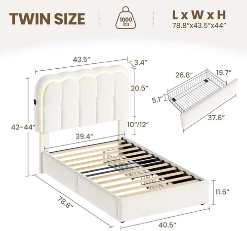 Miniatura 2 de CypBed Base de cama individual con cajones de almacenamiento y cabecero, base de cama LED tapizada de terciopelo para niños, marco de cama de metal