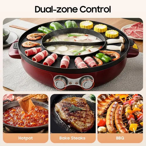 Miniatura 7 de Olla caliente con parrilla, olla eléctrica 2 en 1 de 2000 W con doble control de temperatura, parrilla multifuncional sin humo Shabu Shabu Pot Rojo
