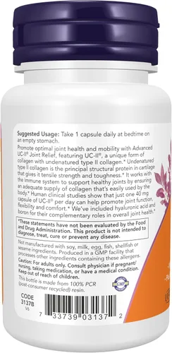 Miniatura 3 de NOW Supplements, UC-II Advanced Joint Relief con colágeno sin desnaturalizar tipo II, más ácido hialurónico, boro, vitamina D-3, 60 cápsulas