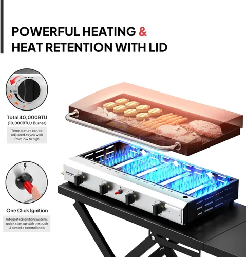 Miniatura 2 de ROVSUN Parrilla plegable de 4 quemadores de propano con ruedas, bandeja esmaltada y tapa, parrilla de gas portátil de 40,000 BTU con encendido