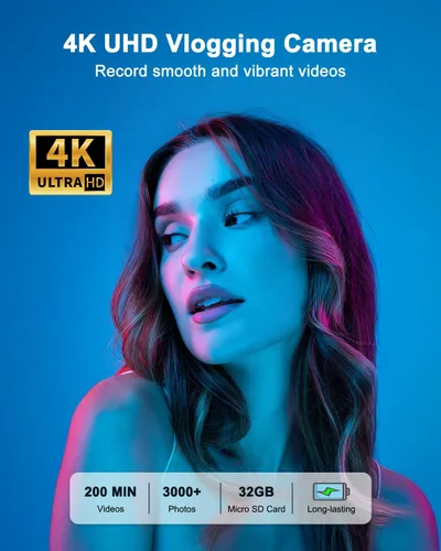Miniatura 2 de Cámara digital 4K para fotografía, WiFi de 64 megapíxeles con enfoque automático para videoblogs en YouTube, pantalla giratoria de 3" y 180°, zoom