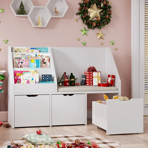 Miniatura 3 de Rincón de lectura para niños de 40 pulgadas con banco, organizador de almacenamiento de juguetes y estantería con cojín de asiento, estantería