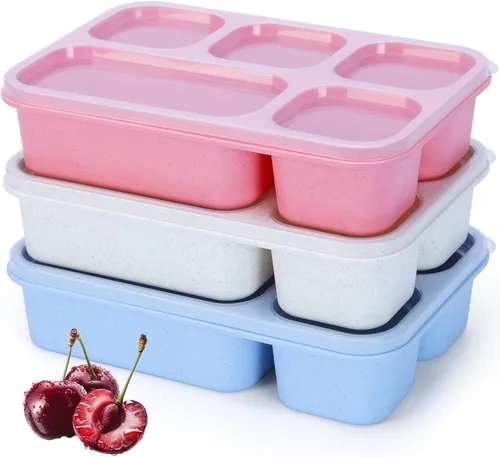 Miniatura 8 de Rinwoc Caja Bento [tamaño de la porción], paquete de 3 recipientes para aperitivos con 3 compartimentos para preparación de comidas y sobre