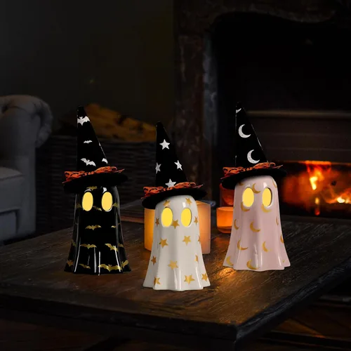 Miniatura 3 de DAZONGE Decoración de Halloween para interiores, juego de 3 fantasmas de cerámica con sombreros de bruja, bonitas figuras de fantasmas espeluznantes