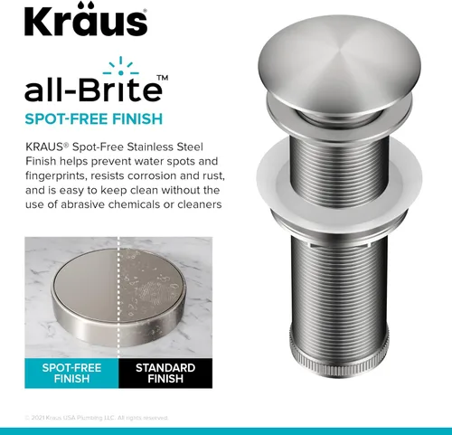 Miniatura 6 de KRAUS Desagüe emergente para lavabo de baño con rosca extendida para encimeras más gruesas y lavabos de vidrio en acero inoxidable sin manchas