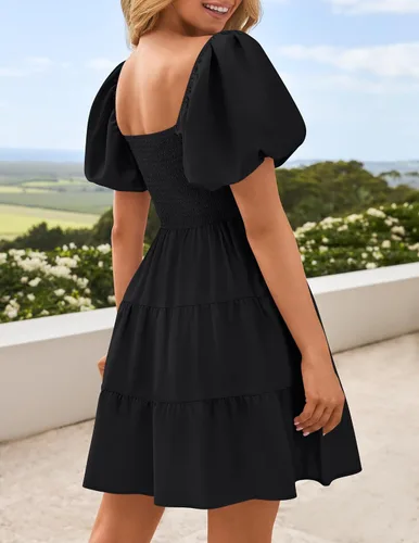 Miniatura 3 de ZESICA Mini vestido corto de verano bohemio 2025 con cuello cuadrado, manga abombada, hombros descubiertos, fruncido, escalonado, casual