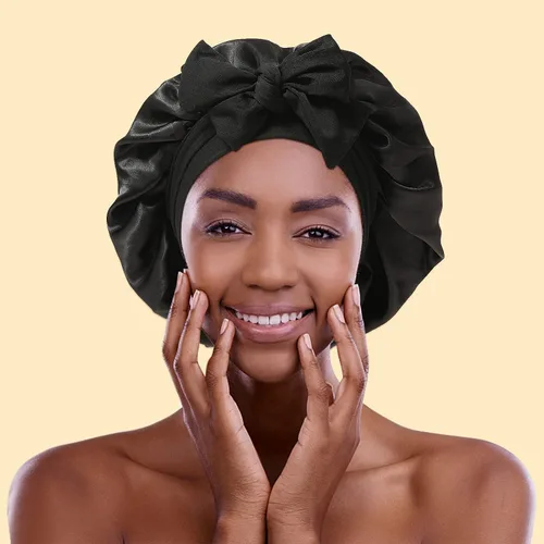 Miniatura 5 de Gorro de satén para mujer, con banda de amarre para el cabello, para dormir, grande de 2 capas, gorro de dormir de seda para dormir con 3 coleteros