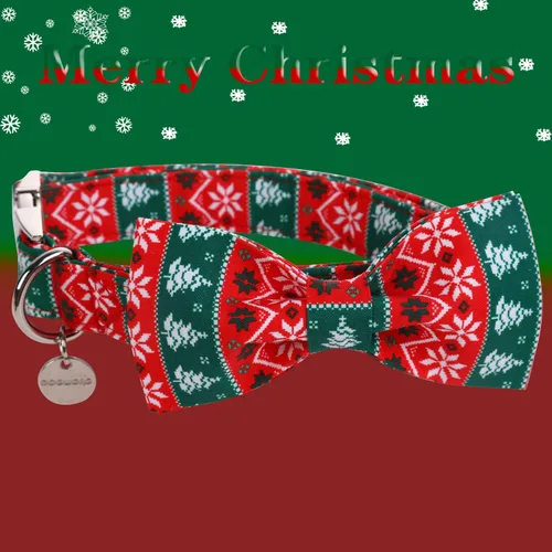 Miniatura 2 de DOGWONG Collar de Navidad para perro con pajarita, collar de perro de copo de nieve con tira roja y verde, suave, duradero, ajustable, de algodón