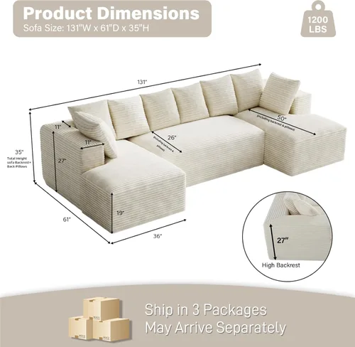 Miniatura 2 de Sofás seccionales en forma de U de gran tamaño de 131 pulgadas para sala de estar, cómodo sofá modular de pana esponjosa beige sin hueso, sofá