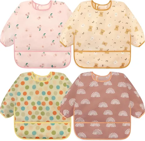 Miniatura 16 de Accmor 4 Pack Long Sleeve Bibs, Baby Smock Waterproof Sleeved Bib Smock for Baby Toddler 6-36 Months Dinosaurio azul/cerdo naranja/alce