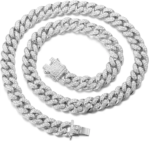 Halukakah Cadena de eslabones cubanos de diamantes para niños 0551in chapado en oro real y oro blanco platino 18 quilates juego de collar con