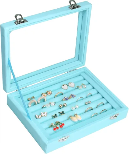 Bandeja organizadora de anillos, 7 ranuras, caja de almacenamiento de joyas de terciopelo para aretes con tapa transparente, vitrina de joyería para